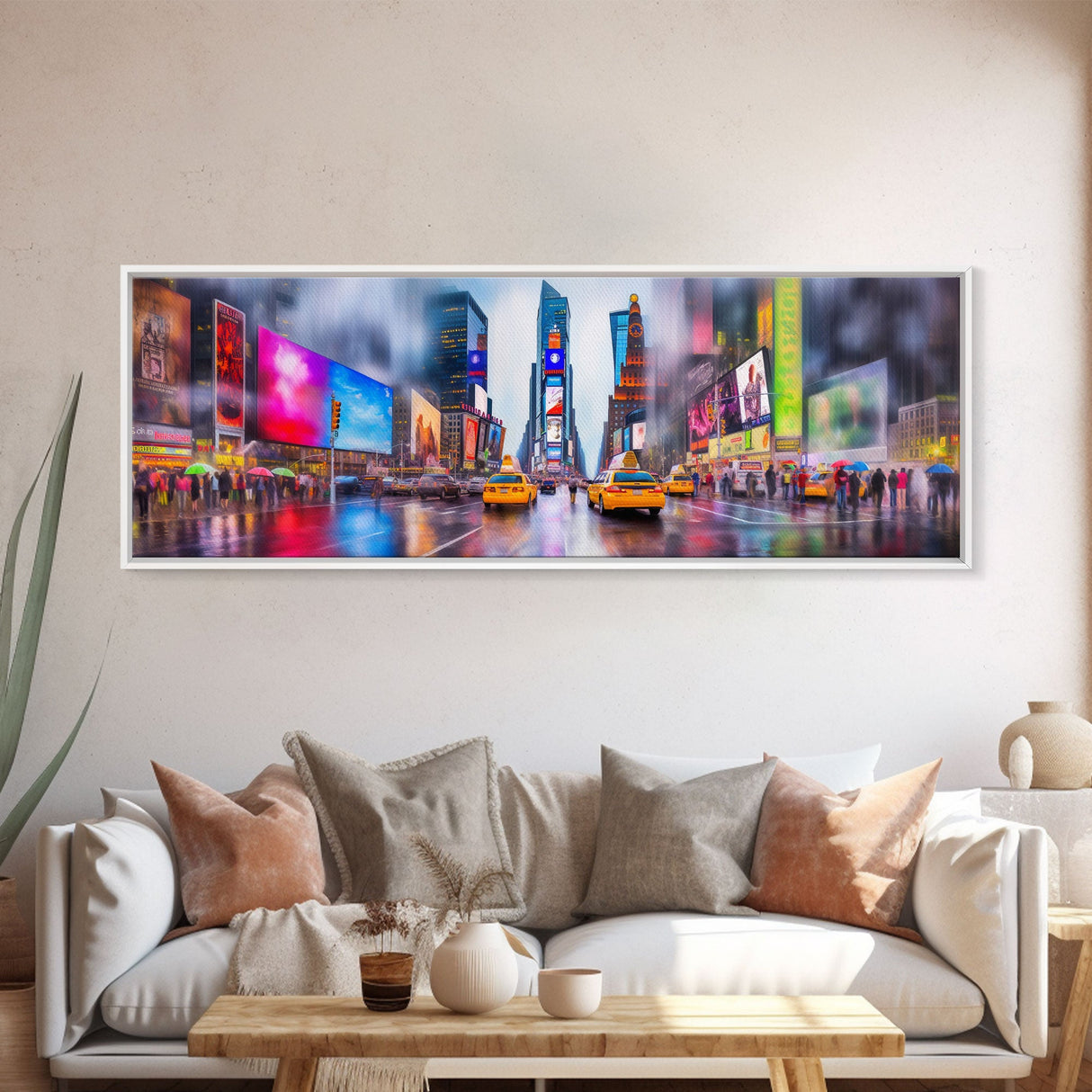 New York City Canvas Print, Large Urban Art Print, Colorful Umbrellas, Yellow Taxis, Vibrant Art, Panoramic, Wall Art, Canvas Print