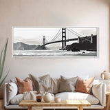 Black And White Suspension Bridge Canvas Print, Large Urban Art Print, Sailboat, River, Landscape, Panoramic, Wall Art, Canvas Print