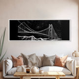 Black And White Suspension Bridge Canvas Print, Large Urban Art Print, Line Art, Chalk Wall Decor, Panoramic, Wall Art, Canvas Print