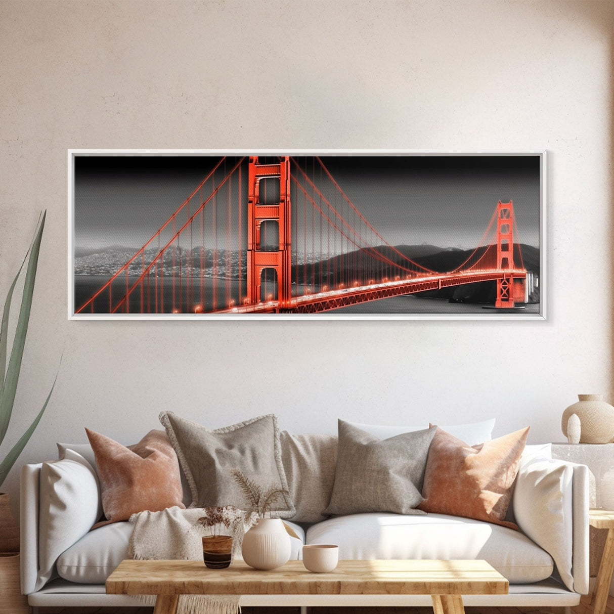 Red Suspension Bridge Canvas Print, Large Urban Art Print, City Lights, Night Scene, Mountain, Panoramic, Wall Art, Canvas Print