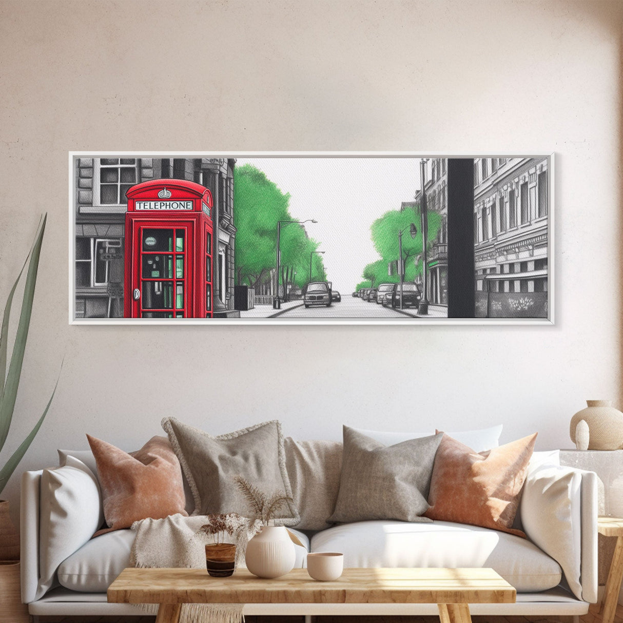 Red Vintage Phone Booth, London Art Print, Street Pencil Sketch Art, Green Trees, Perspective Art, Panoramic, Canvas Print, Wall Art