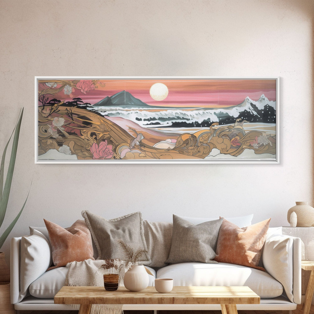 Japanese Style Seascape Canvas Art Print, Full Moon, Big Waves, Pink Flowers, Mountain, Wall Decor, Panoramic, Wall Art, Canvas Print