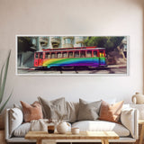 Rainbow Streetcar Canvas Print, Tram Wall Decor, Urban Art, Large Canvas Print, Framed Art, Wall Decor, Panoramic, Wall Art, Canvas Print