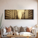 City Scape Wall Art, City Skyline Wall Art, Framed Canvas, Sepia Art, Perspective Art Print, Wall Decor, Panoramic, Wall Art, Canvas Print