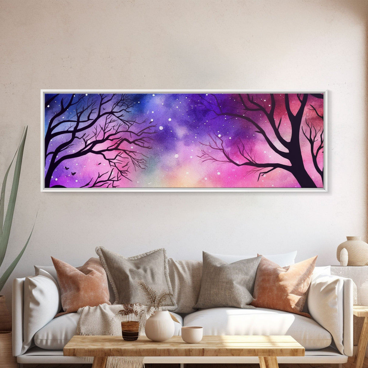 Watercolor Sky Wall Art, Purple Art, Pink Print, Fall Trees Art Canvas Print, Large Mixed Media Wall Art, Panoramic, Wall Art, Canvas Print