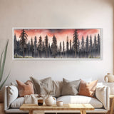 Woods Wall Art, Forest Art Print, Pink Sky, Pine Trees, Framed Canvas Print, Colored Pencil Art, Panoramic, Wall Art, Canvas Print