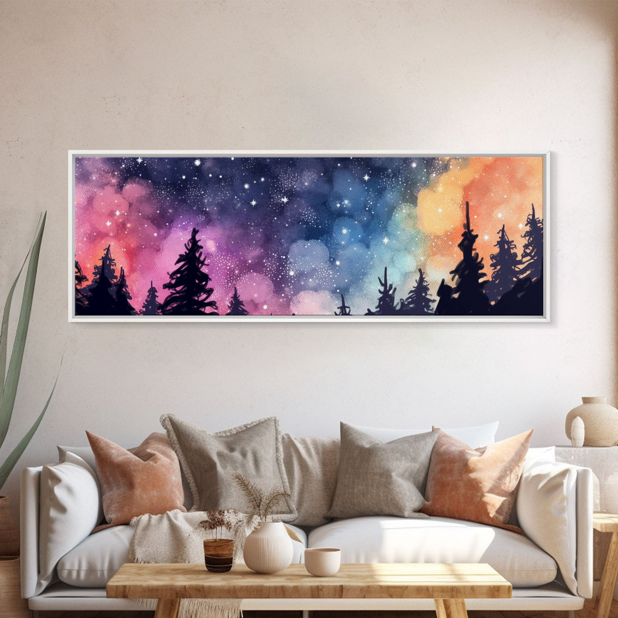 Watercolor Forest Art, Starry Night In The Woods, Abstract Forest Art, Woods Wall Art, Large Canvas Print, Panoramic, Wall Art, Canvas Print