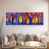 Forest On Fire, Red Flames, Blue Trees, Abstract Forest Art, Canvas Wall Decor, Large Art Print, Panoramic, Wall Art, Canvas Print