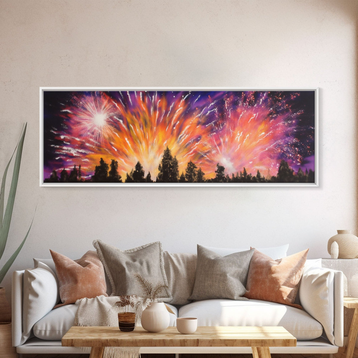 Fireworks Over Forest Canvas Art Print, Woods, Pines Trees, Wall Decor, Framed Large Canvas Print, Panoramic, Wall Art, Canvas Print