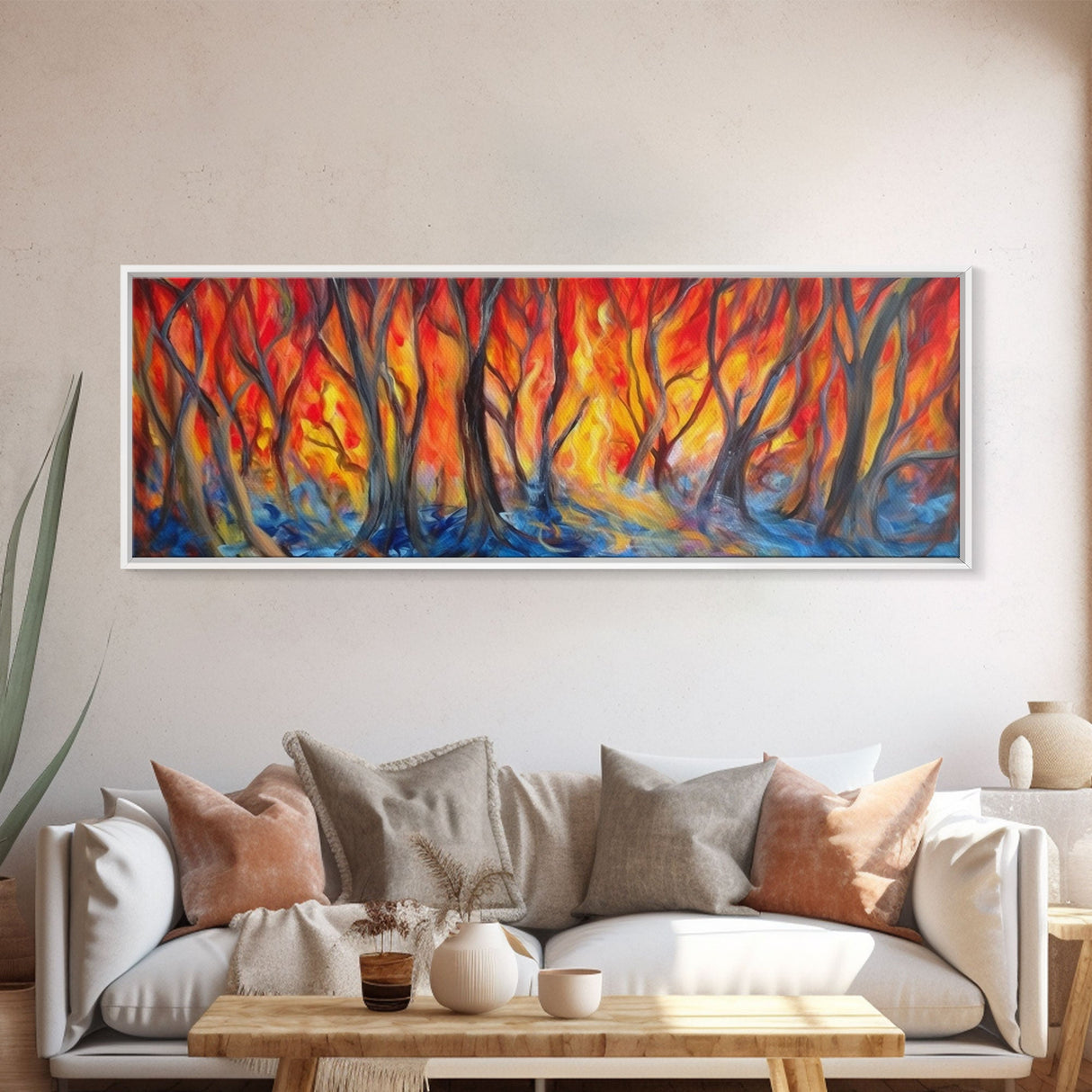 Flames In The Woods Canvas Art Print, Forest Fire, Red Flame, Wall Decor, Framed Large Canvas Print, Panoramic, Wall Art, Canvas Print