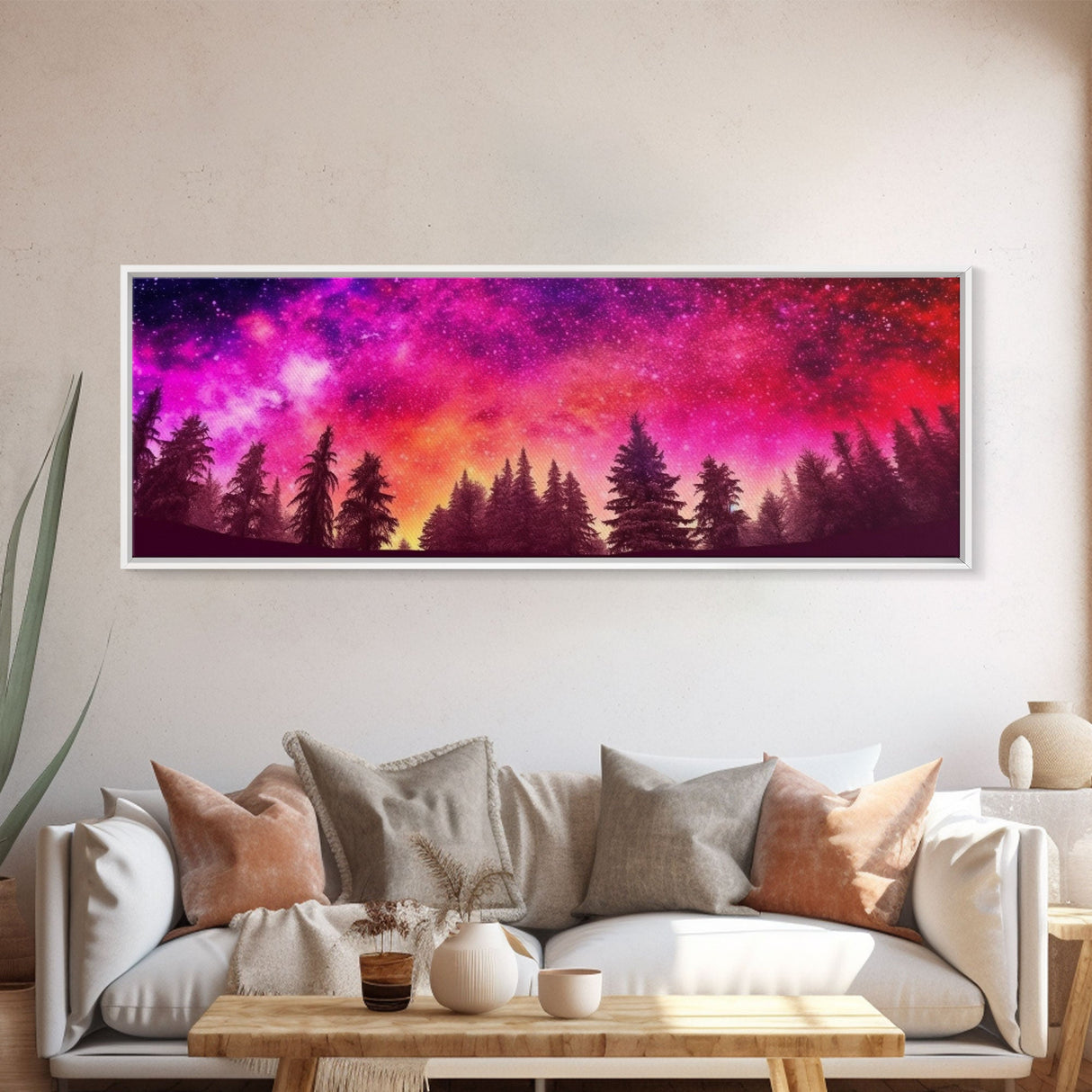 Watercolor Sky Art Print, Dark Forest Art, Large Mixed Media Wall Art, Large Framed Canvas Print, Panoramic, Wall Art, Canvas Print