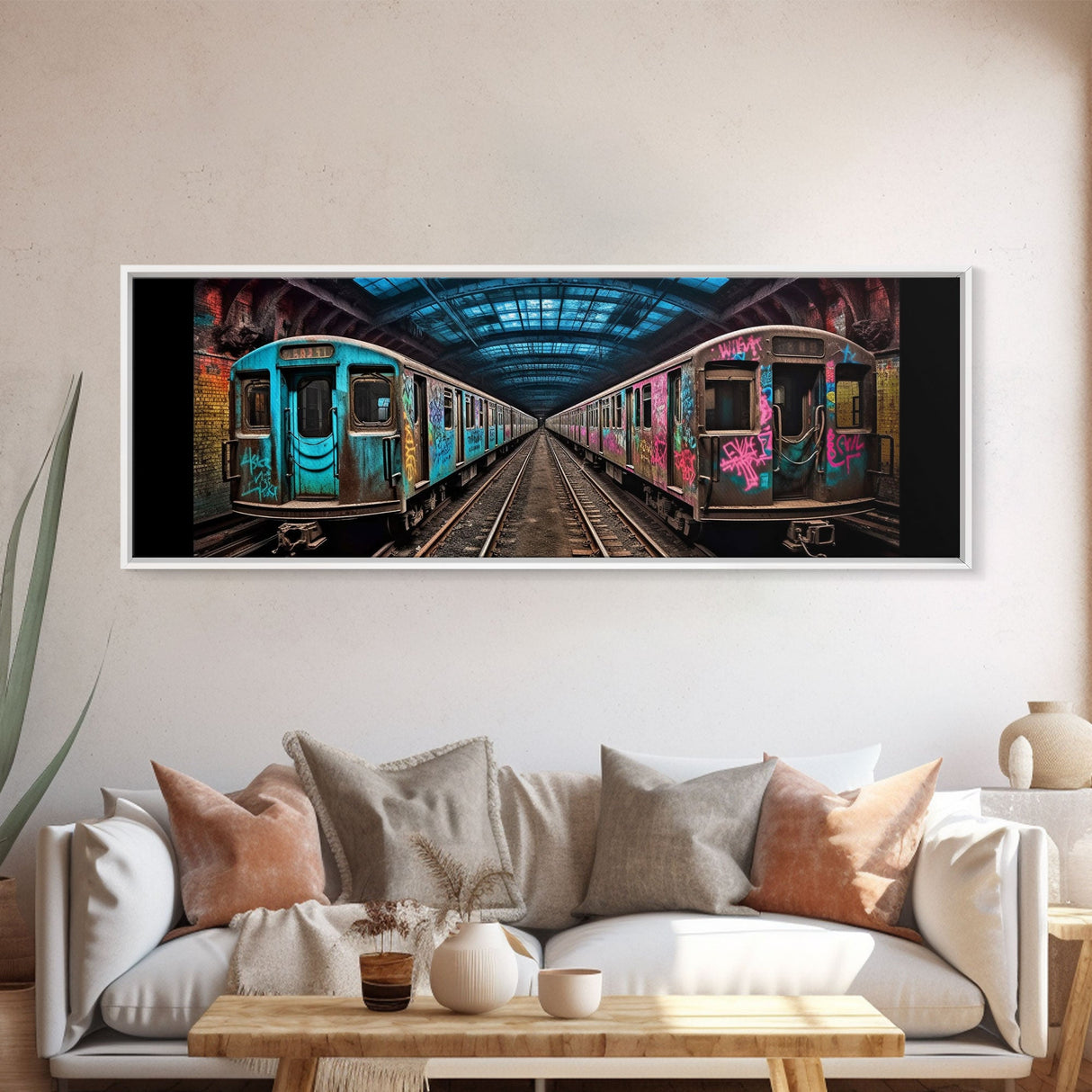 Urban Art Print, Graffiti On Abandoned Subway Train, Teal And Pink, Wall Decor, Large Framed Canvas Print, Panoramic, Wall Art, Canvas Print