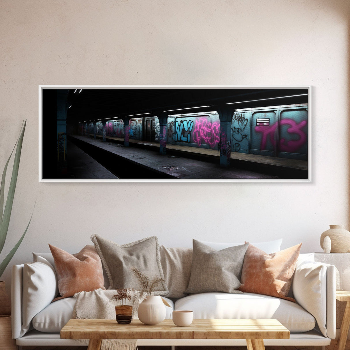 Urban Art, Graffiti On Subway Train, Pink And Teal Graffiti Art Canvas, Wall Decor Framed Canvas Print, Panoramic, Wall Art, Canvas Print