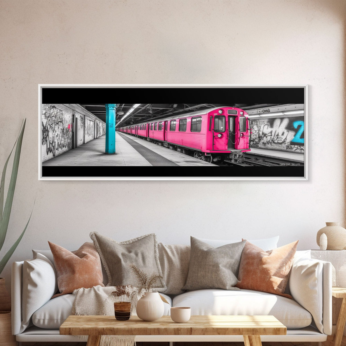 Graffiti On Subway Station, Graffiti Art Canvas, Pink Train, Wall Decor, Urban Art, Framed Canvas Print, Panoramic, Wall Art, Canvas Print