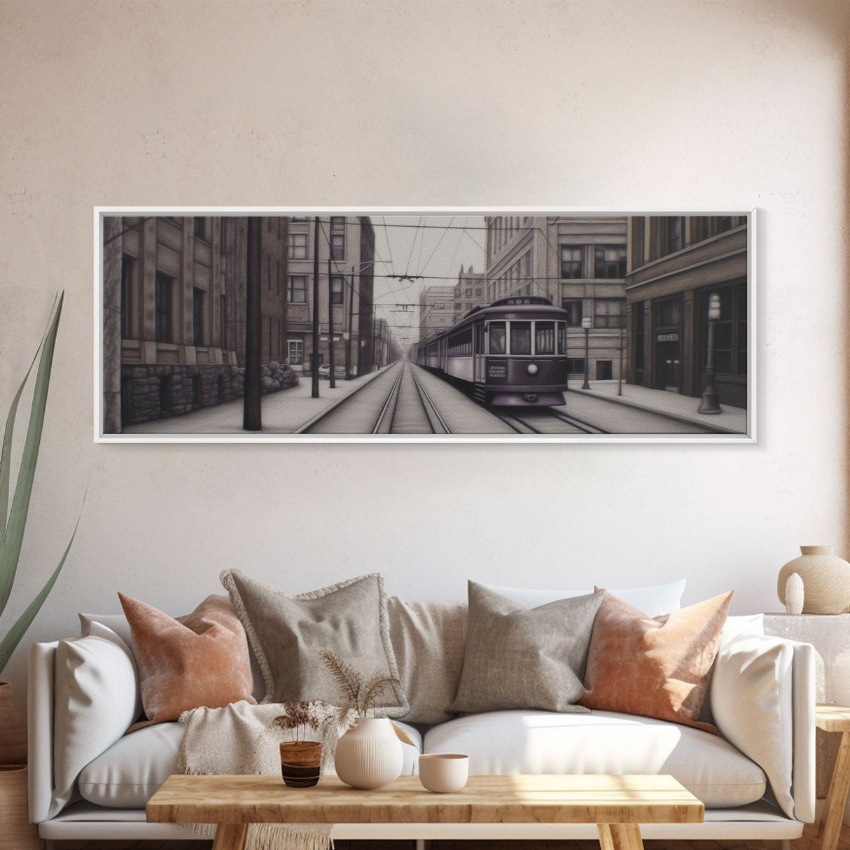 Streetcar Urban Art Print, Purple Train, Perspective Art, City Art, Urban Canvas Print, Panoramic, Wall Art, Canvas Print