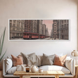 Colored Pencil Streetcar Urban Art Print, Red Train, Tram In The City, Sketch Art, City Art, Urban Print, Panoramic, Wall Art, Canvas Print