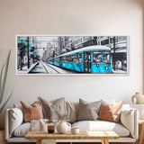 Teal Train, Tram In The City, Urban Art Painting, Large Mixed Media Art, Streetcar Print, City Art, Panoramic, Wall Art, Canvas Print