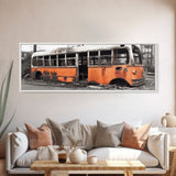 Old Burned Down Orange Bus, Abandoned Bus, Wall Decor, Bus Wreckage Canvas Art Print, Panoramic, Wall Art, Canvas Print