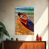 Abandoned Canoe On The Lake, Framed Canvas Print, Oil Painting Style, Abstract Wall Art, Lakehouse Wall Decor, Boho Art