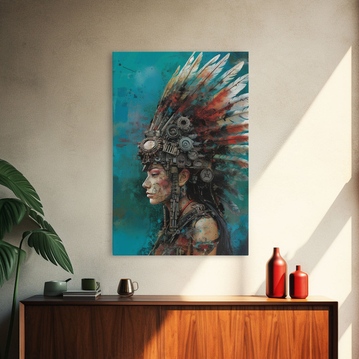 Steam Punk Native American Headdress, Framed Canvas Print, Abstract Art, Native American Futurism Art