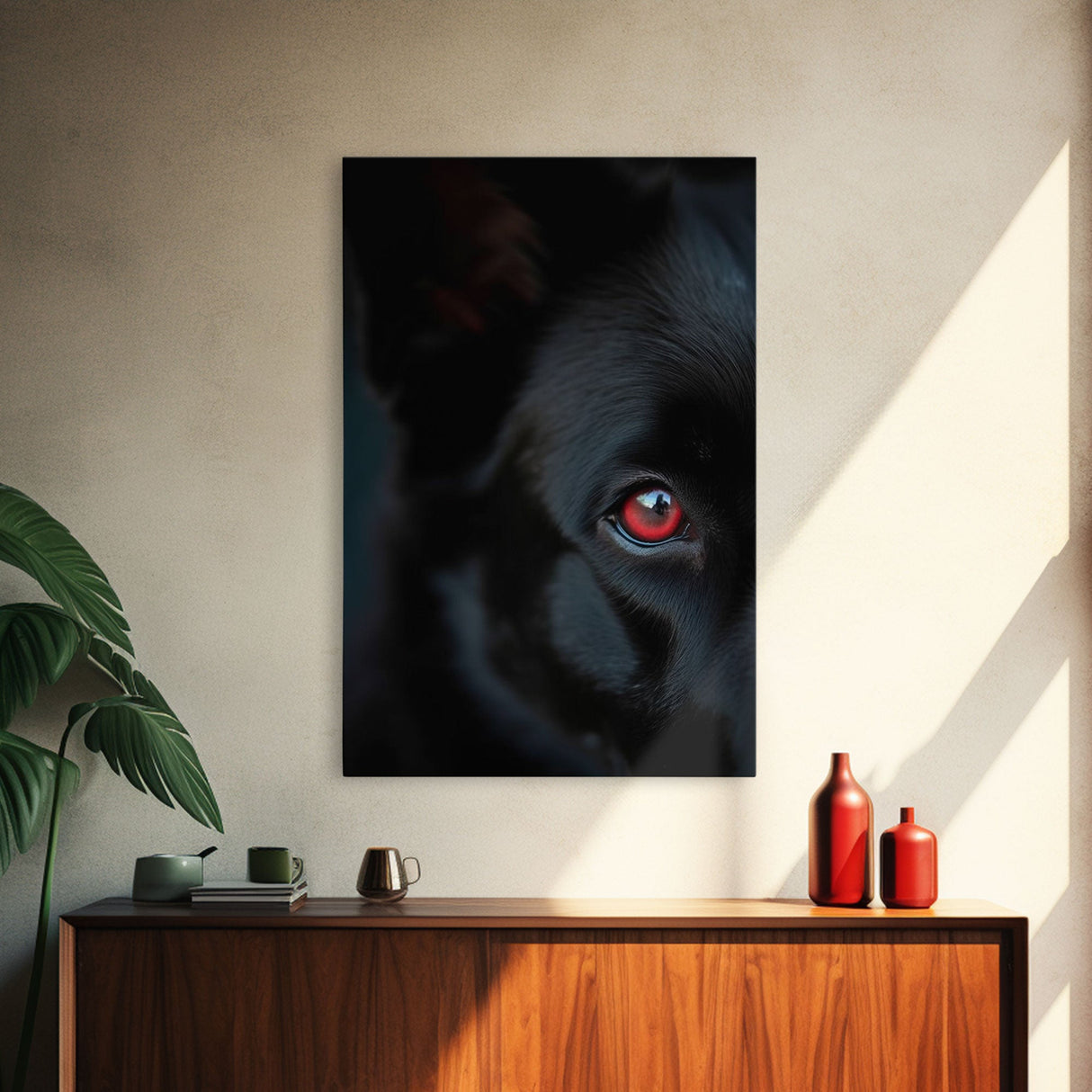 Animal Prints, Black Wolf With Red Eyes, Portrait Of A Wolf, Framed Canvas Print, Wolf Photography Art