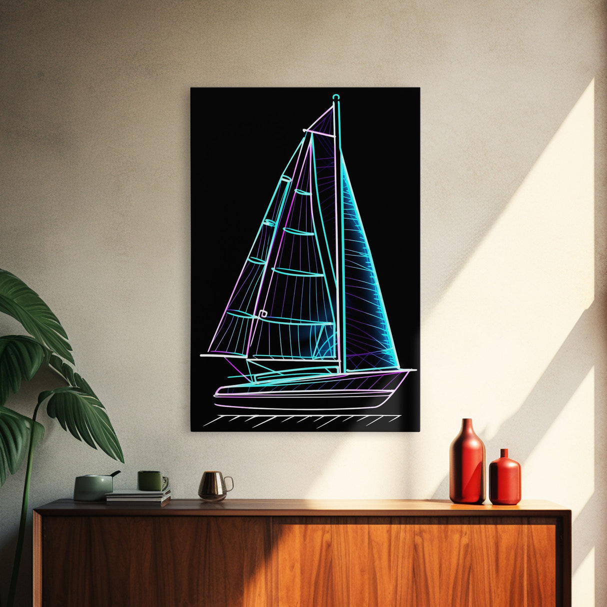 Teal Sail Boat Wall Decor, Ocean Art Print, Line Art, Minimalist Print, Wall Decor, Canvas Print, Wall Art, Framed Canvas