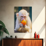 White Monkey Wall Decor, Albino Monkey Wall Art, Monkey Eating Orange, Animal Wall Art, Wall Decor, Canvas Print, Wall Art, Framed Canvas