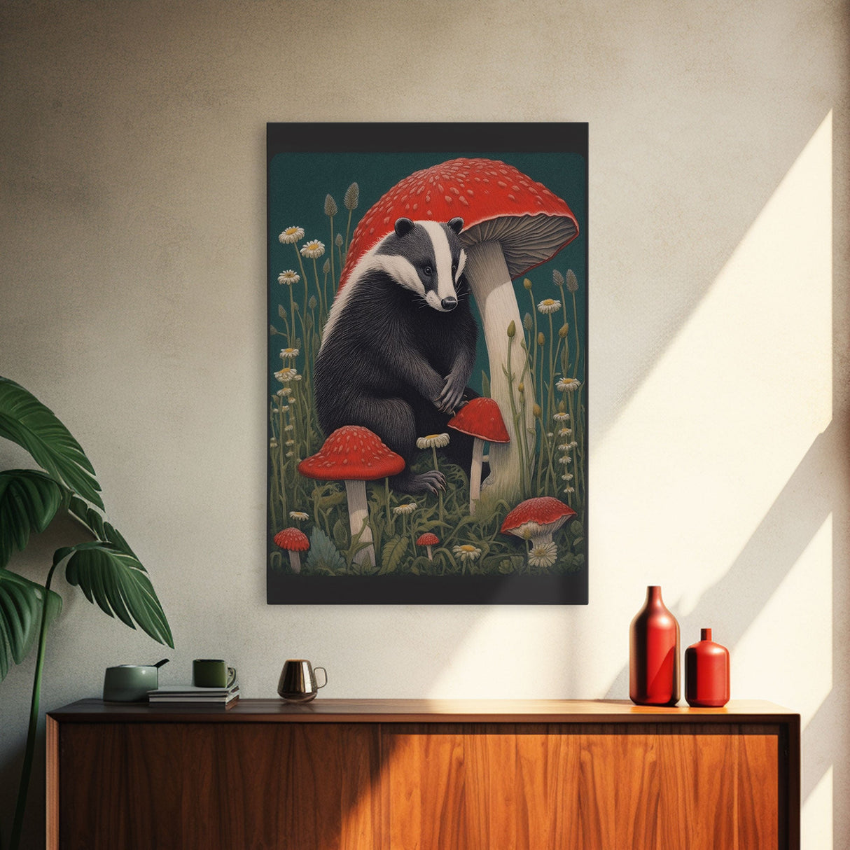 Badger Wall Decor, Cute Badger, Mushrooms Wall Decor, Animal Wall Art, Wall Decor, Canvas Print, Wall Art, Framed Canvas