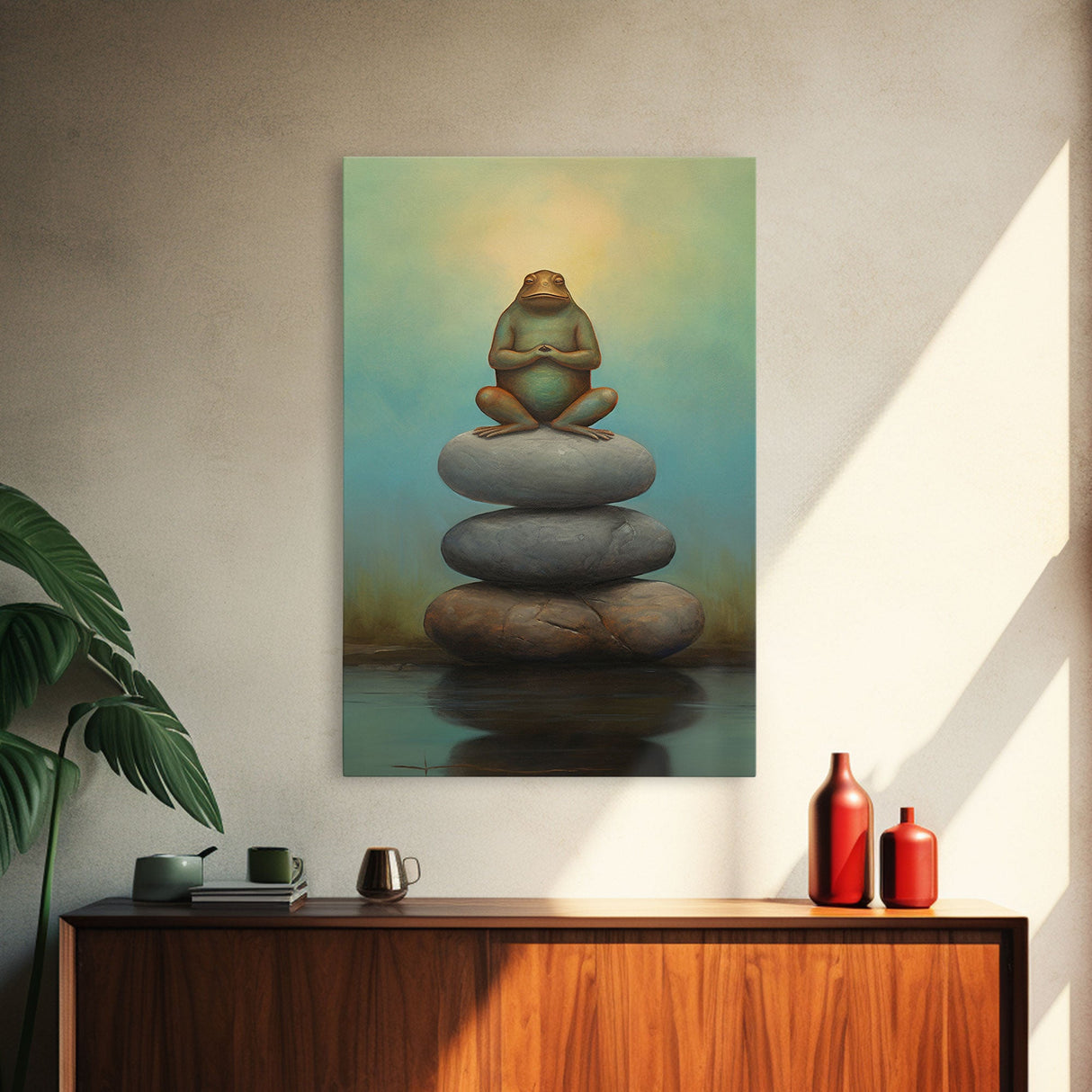 Frog Wall Art, Frog Balancing On Rocks, Zen Animal Wall Art, Nature, Modern Print, Wall Decor, Canvas Print, Wall Art, Framed Canvas