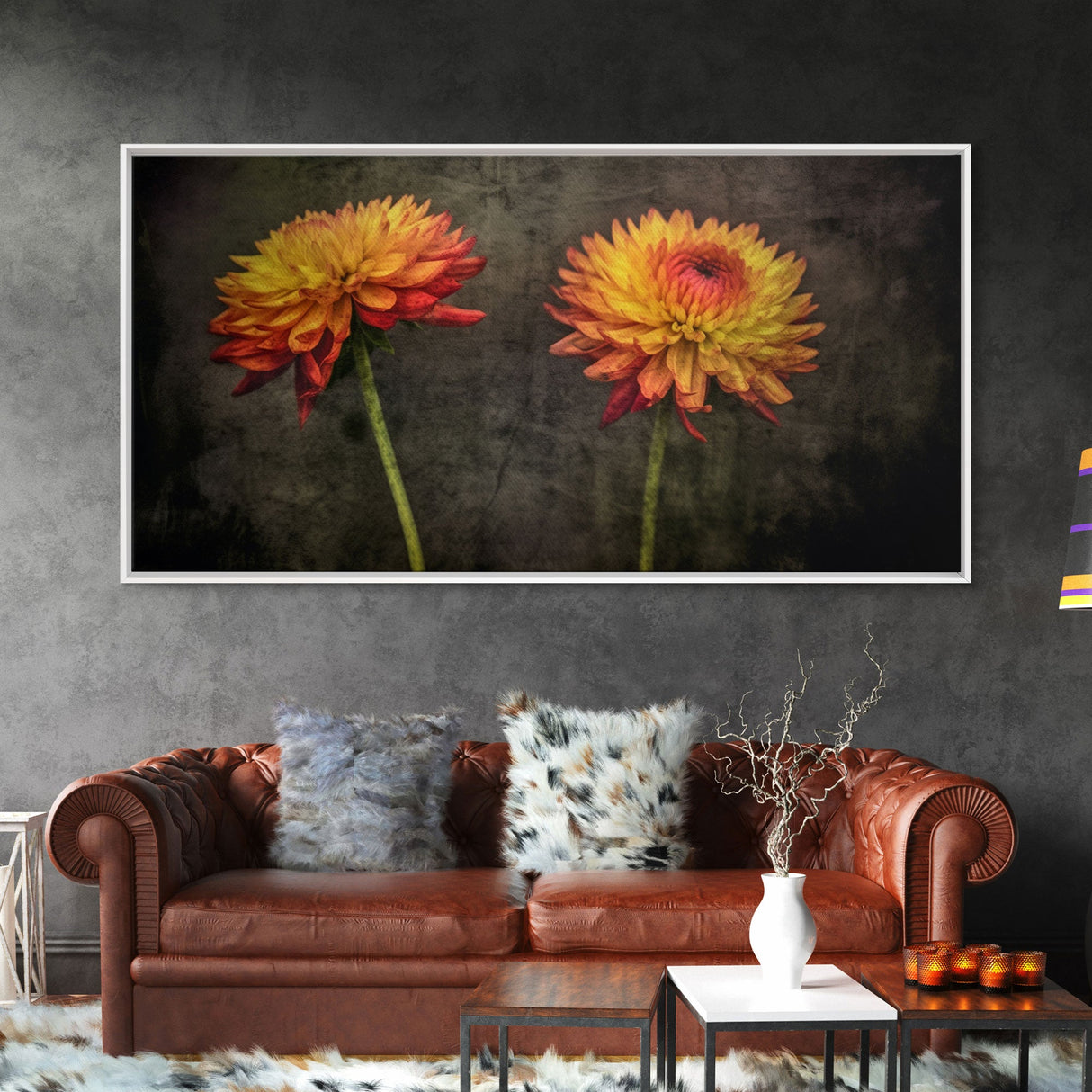 Orange Dalia Flowers Wall Decor, Floral Wall Art, Nature Print, Vibrant Art, Panoramic Wall Decor, Canvas Print, Wall Art, Framed Canvas Art