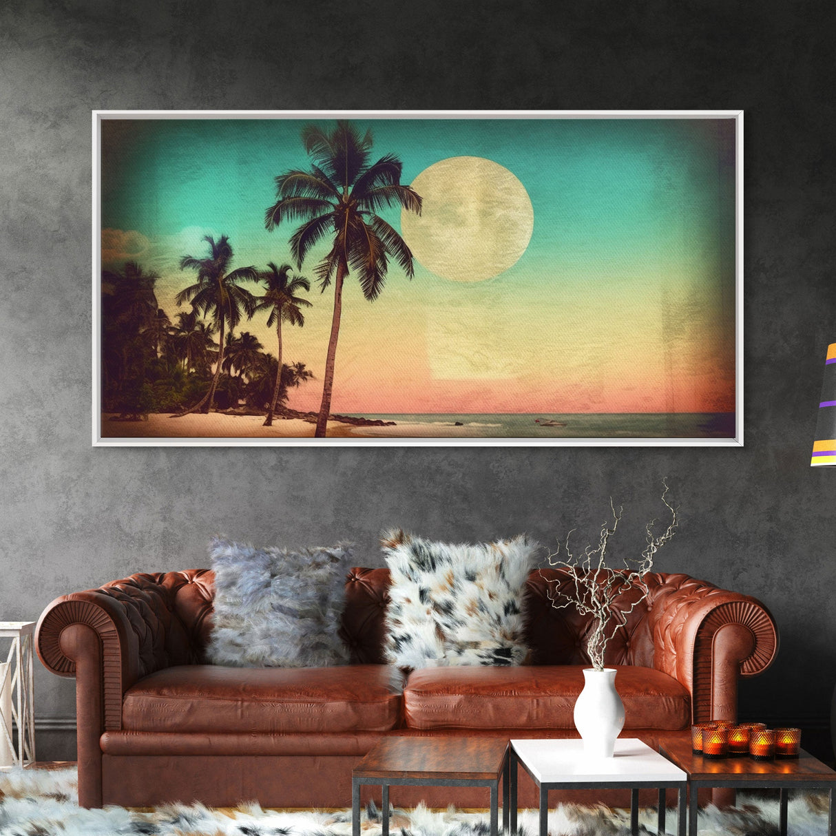 Sunset Over Beach Wall Decor, Tropical Wall Art, Palm Trees Art, Panoramic Wall Decor, Canvas Print, Wall Art, Framed Canvas Art