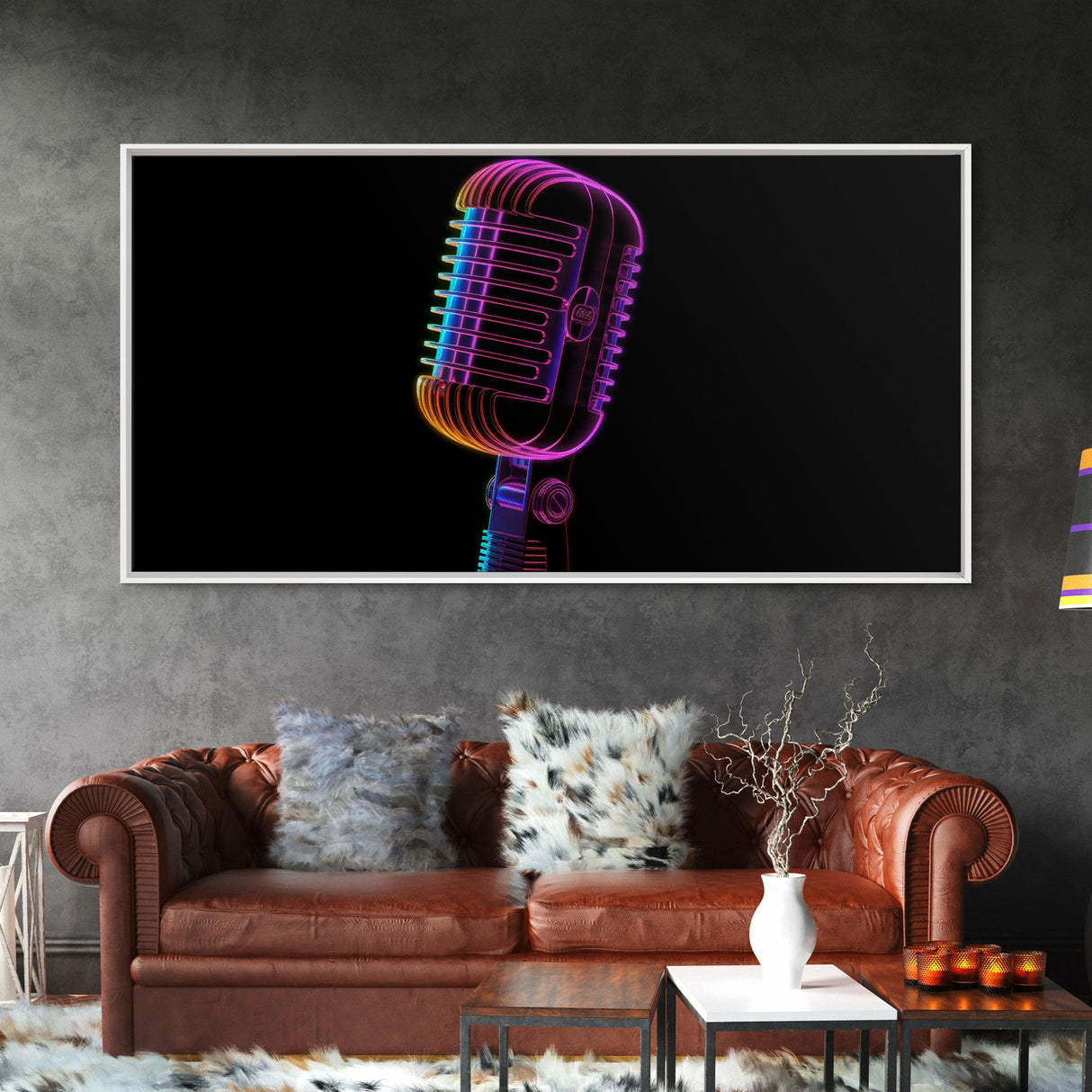 Neon Lights Retro Microphone Wall Decor, Mic Wall Art, Minimalist Art, Panoramic Wall Decor, Canvas Print, Wall Art, Framed Canvas Art