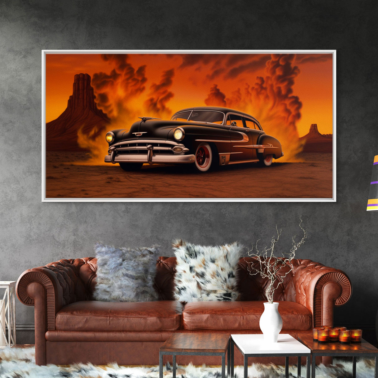 Chevy Classic Car Wall Decor, Retro Car Wall Decor, Desert Landscape Art, Panoramic Wall Decor, Canvas Print, Wall Art, Framed Canvas Art