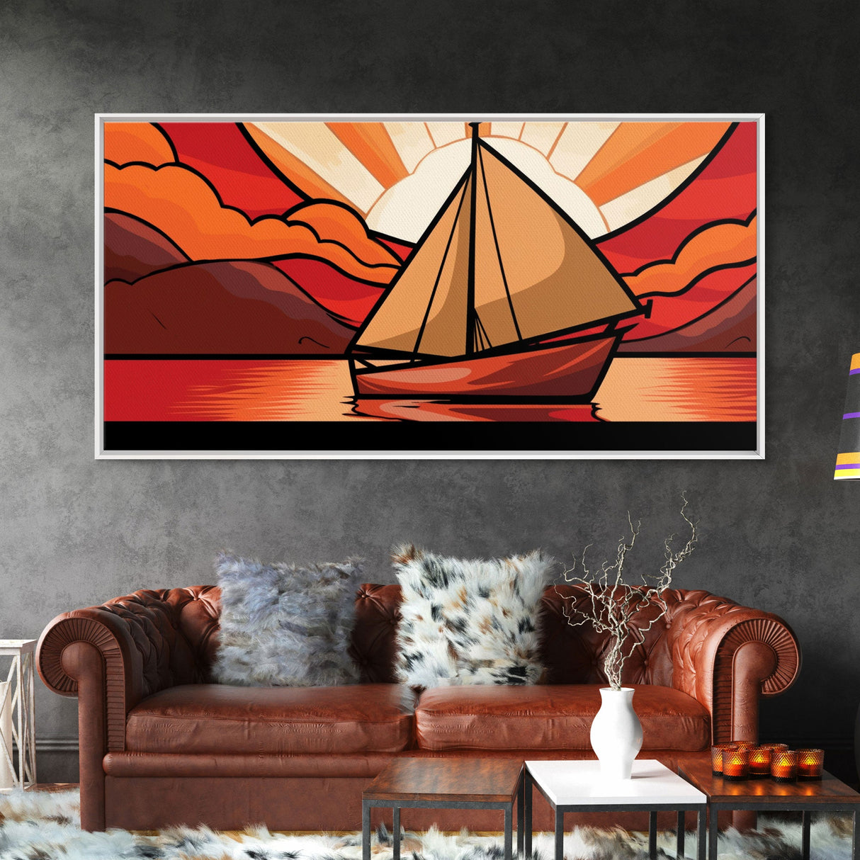 Abstract Seascape Wall Art, Stained Glass Wall Decor, Sailboat Wall Art, Panoramic Wall Decor, Canvas Print, Wall Art, Framed Canvas Art