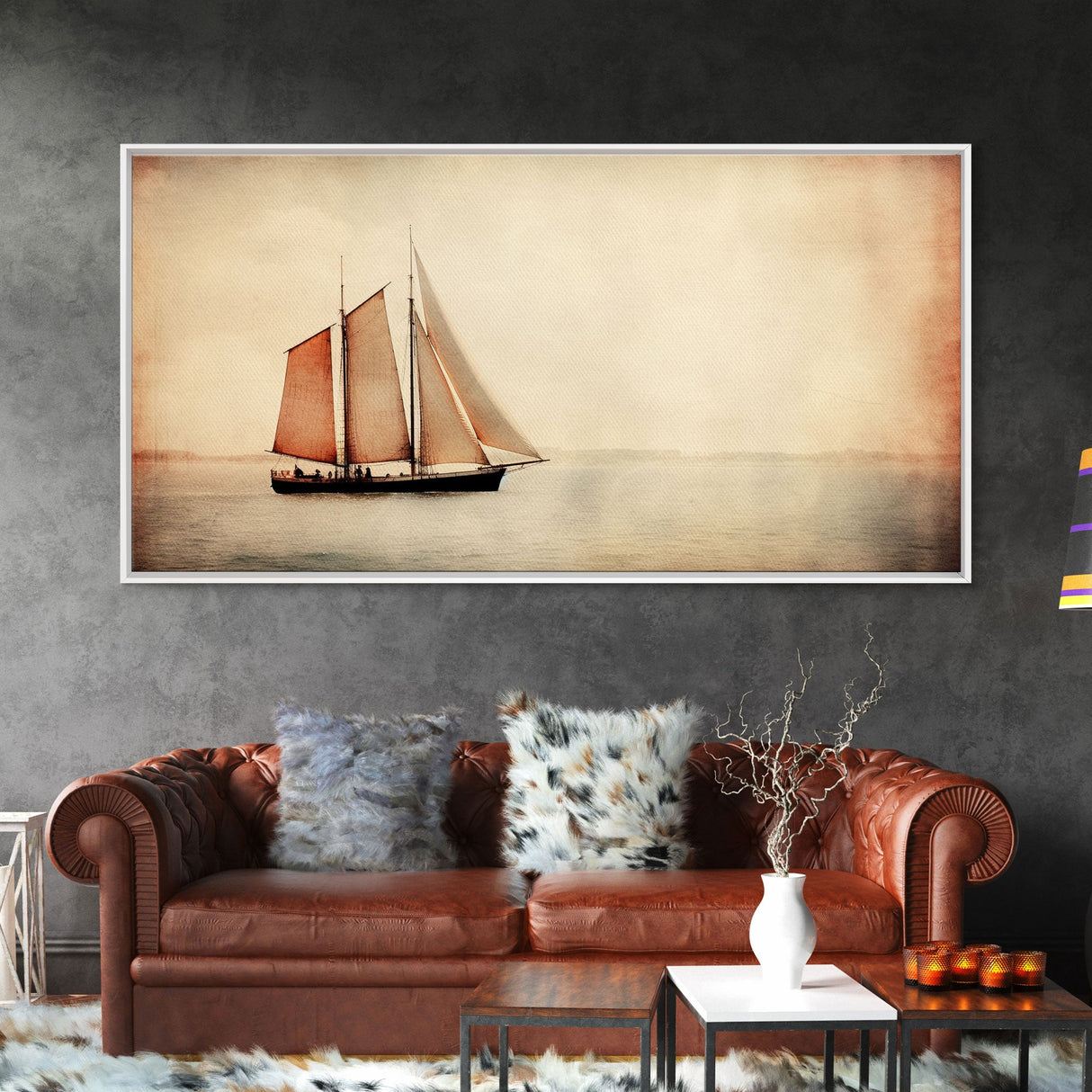 Foggy Ocean Wall Art, Ship Painting Wall Decor, Abstract Wall Decor, Panoramic Wall Decor, Canvas Print, Wall Art, Framed Canvas Art