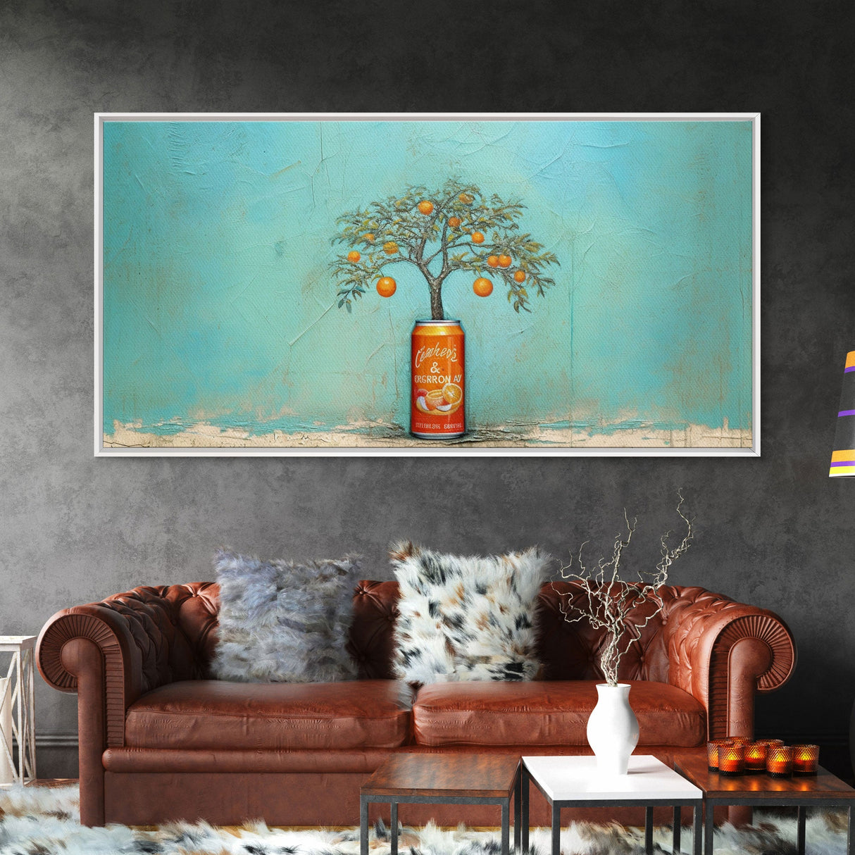 Orange Tree In Soda Can Wall Decor, Orange Wall Art, Plant Art, Teal Art, Panoramic Wall Decor, Canvas Print, Wall Art, Framed Canvas Art