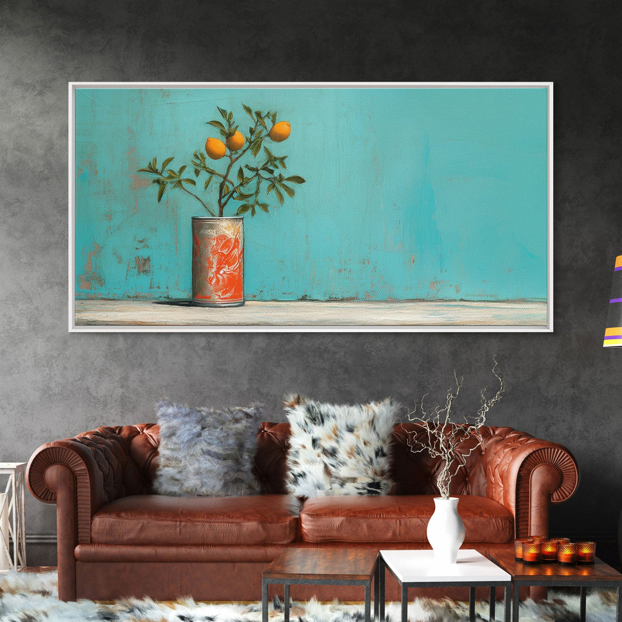 Orange Tree In Soda Can Wall Decor, Orange Wall Art, Plant Art, Teal Art, Panoramic Wall Decor, Canvas Print, Wall Art, Framed Canvas Art