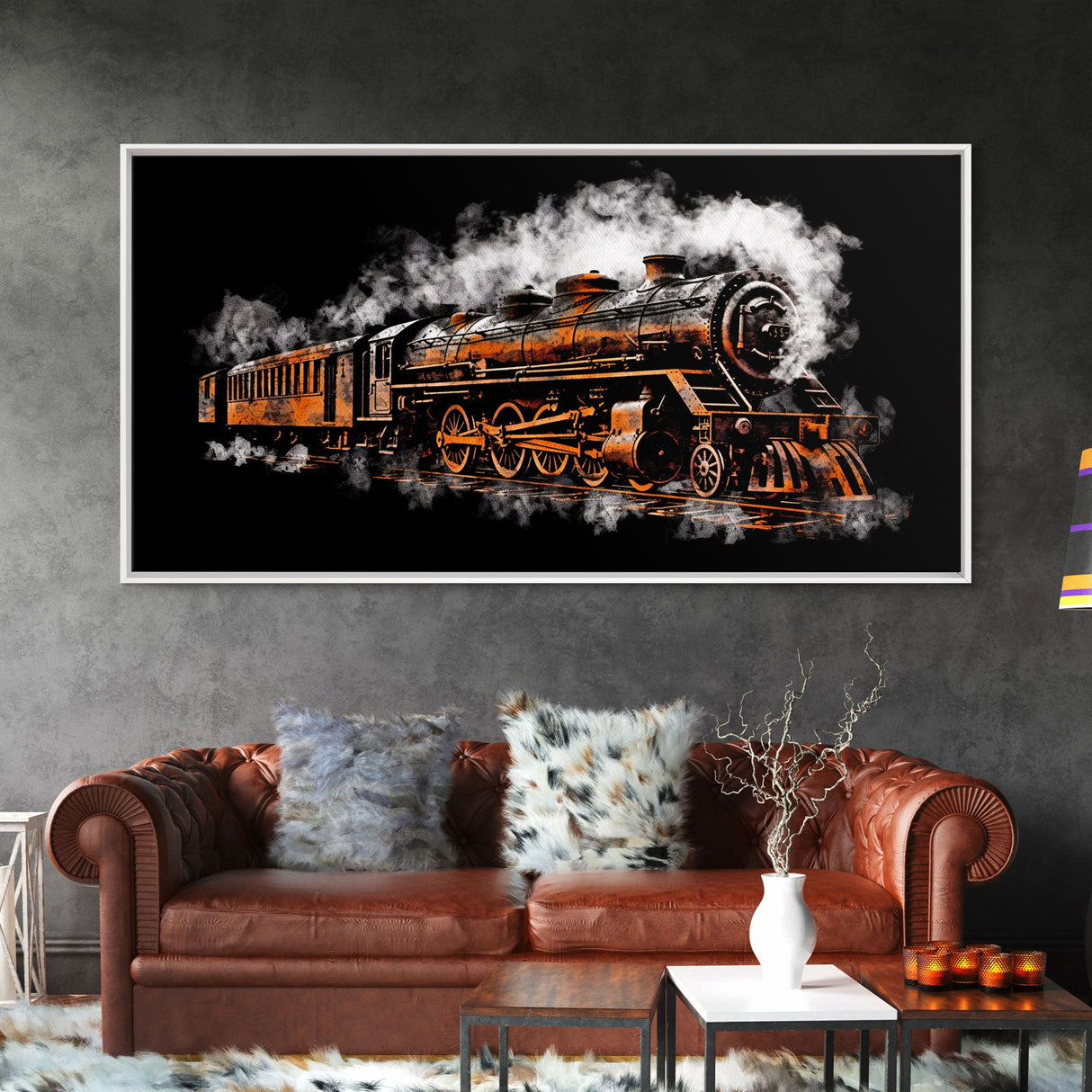 Locomotive Wall Decor, Orange Steam Train Wall Art, Retro Train Wall Art, Panoramic Wall Decor, Canvas Print, Wall Art, Framed Canvas Art