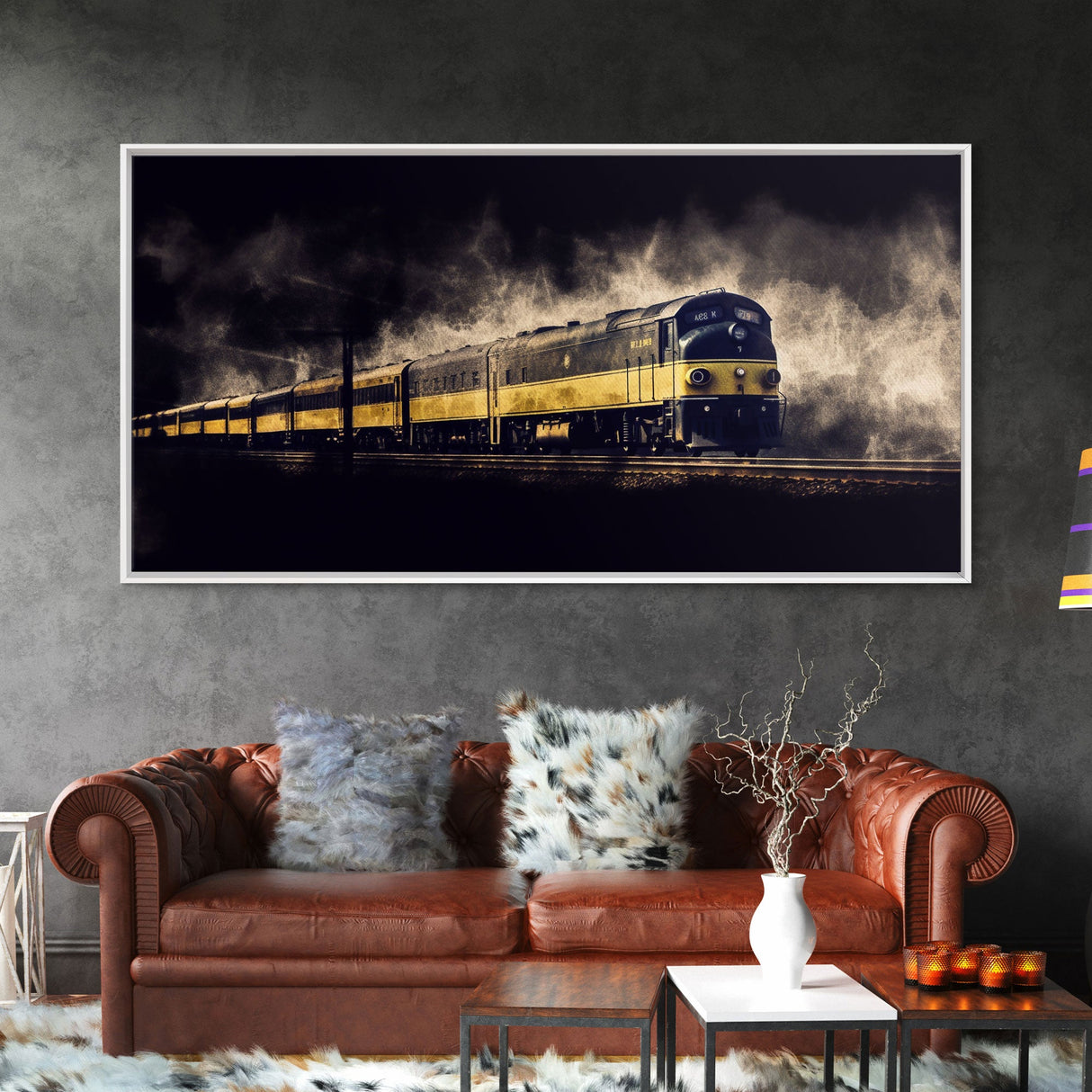 Black Yellow Locomotive Wall Decor, Railroad Wall Decor, Railway Wall Art, Panoramic Wall Decor, Canvas Print, Wall Art, Framed Canvas Art