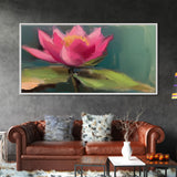 Pink Flower, Pink Water Lily Wall Art, Nature Wall Decor, Oil Painting, Panoramic Wall Decor, Canvas Print, Wall Art, Framed Canvas Art