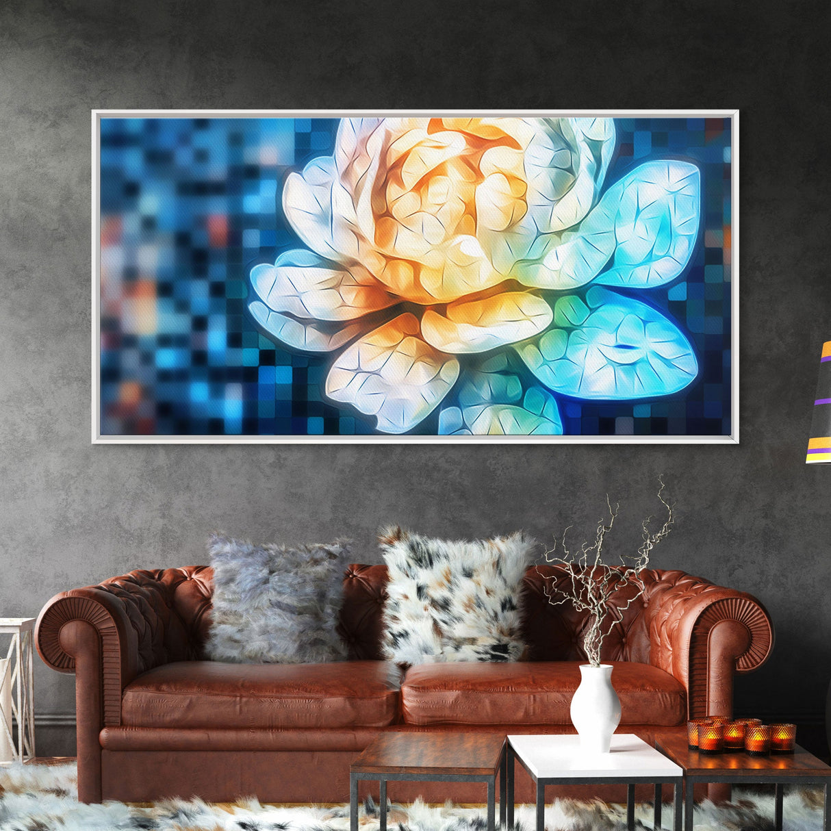 Mosaic Water Lily Wall Art, Flower Art Print, Nature Wall Decor, Panoramic Wall Decor, Canvas Print, Wall Art, Framed Canvas Art