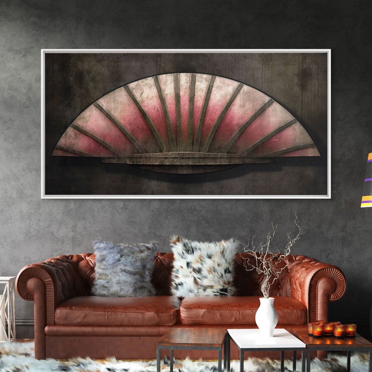 Pink Folding Fan Wall Decor, Asian Wall Art, Ornate Wall Décor, Panoramic Wall Decor, Canvas Print, Wall Art, Framed Canvas Art