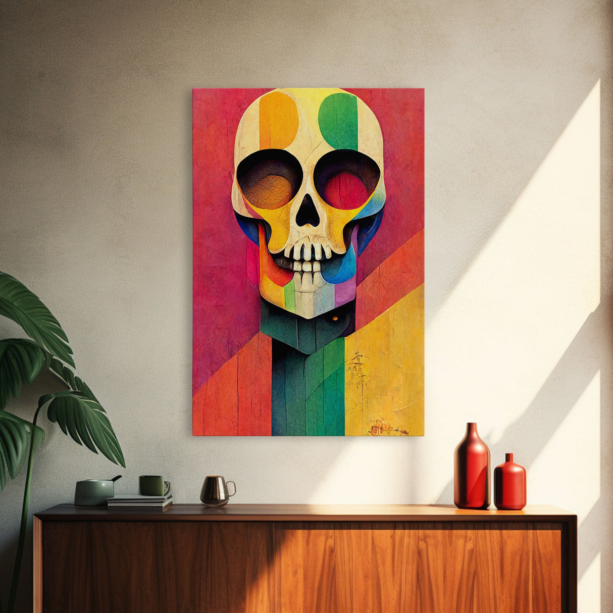 Cool Skull art, canvas print, sugar skull wall decor, skeleton face painting, abstract art deco style Halloween art