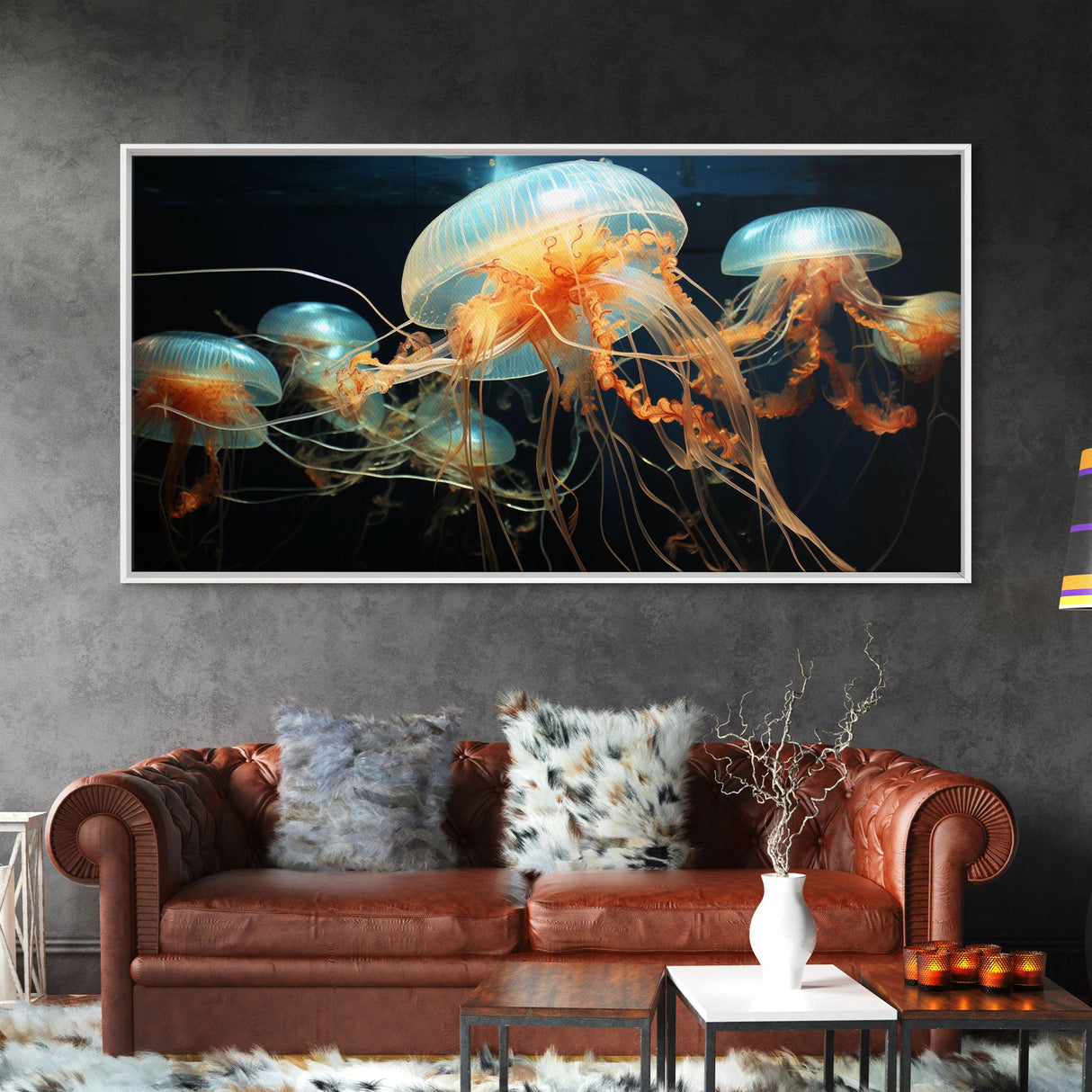 Jelly Fish  Art, Ocean Wall Art, Orange Jelly Fish, Panoramic Art, Wall Art, Canvas Art, Landscape Art, Gift For Boss, Teen Boy Room Decor