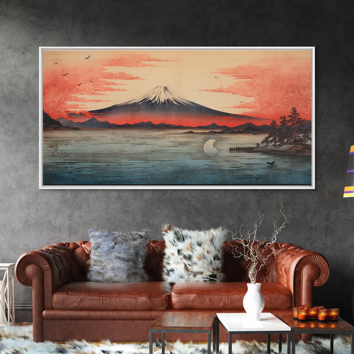 Volcano, Japanese Art, Asian Landscape, Panoramic Art, Wall Art, Canvas Art, Landscape Art, Gift For Him, Modern Home Decor, Home Decor Art