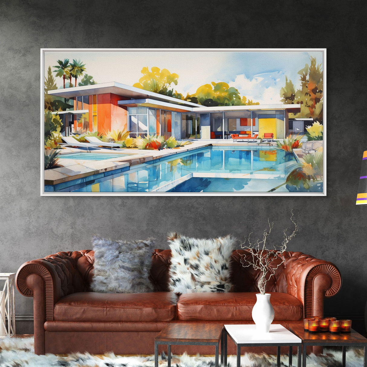 Architecture Art, Midcentury Modern, House Portrait, Watercolor House, Panoramic Art, Wall Art, Canvas Art, Landscape Art, Realtor Gift