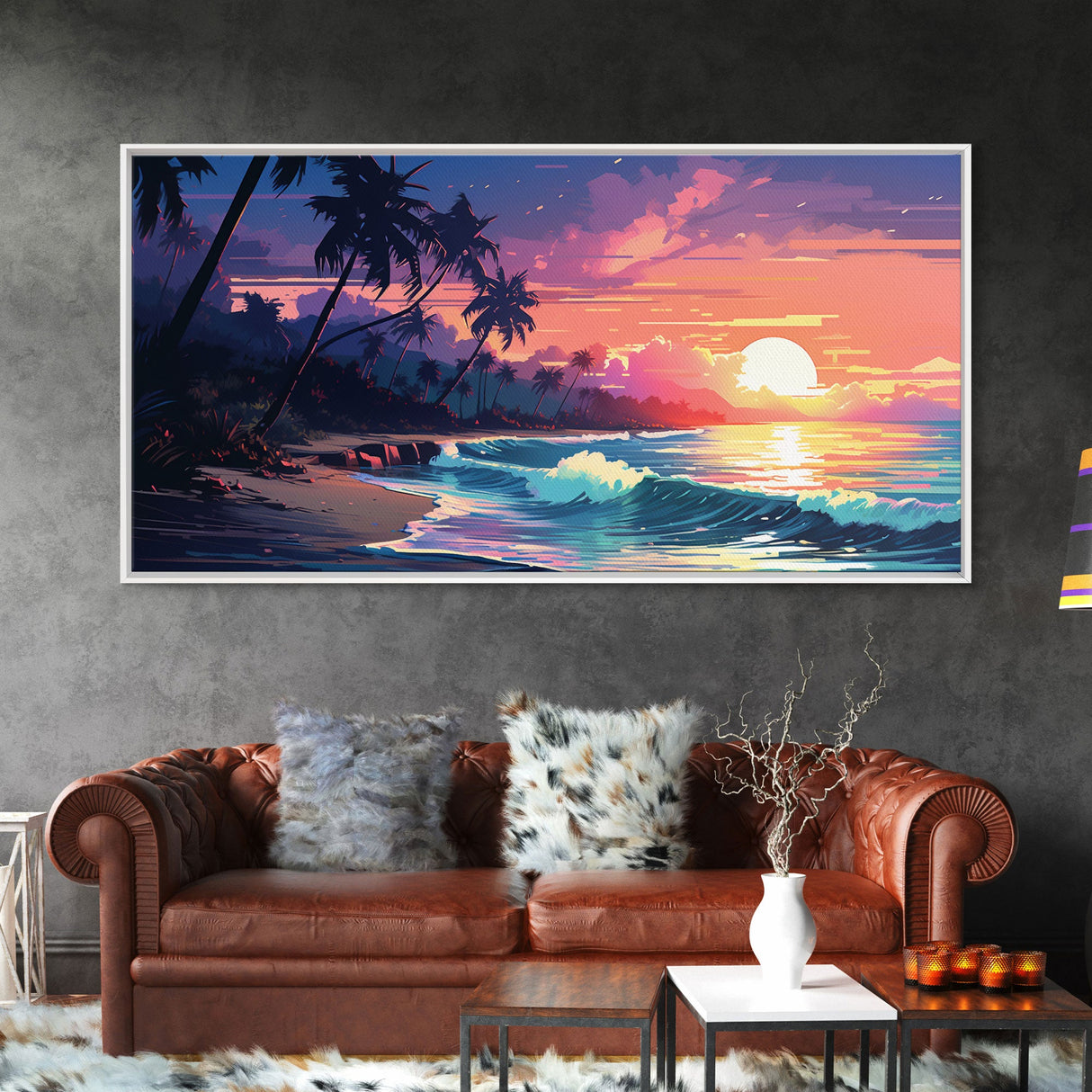 Outrun Vibes, Sunset Over The City and Beach, Palm Tree Decor, Game Room Art, Aesthetic Posters, Retro Art, 80s Vibes, 80s Art