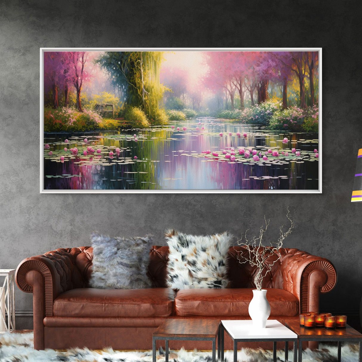 Fantasy Art, Lake Wall Print, Water Lilies Wall Art, Trees Wall Art, Panoramic Art, Wall Art, Canvas Art, Landscape Art, Long Wall Art