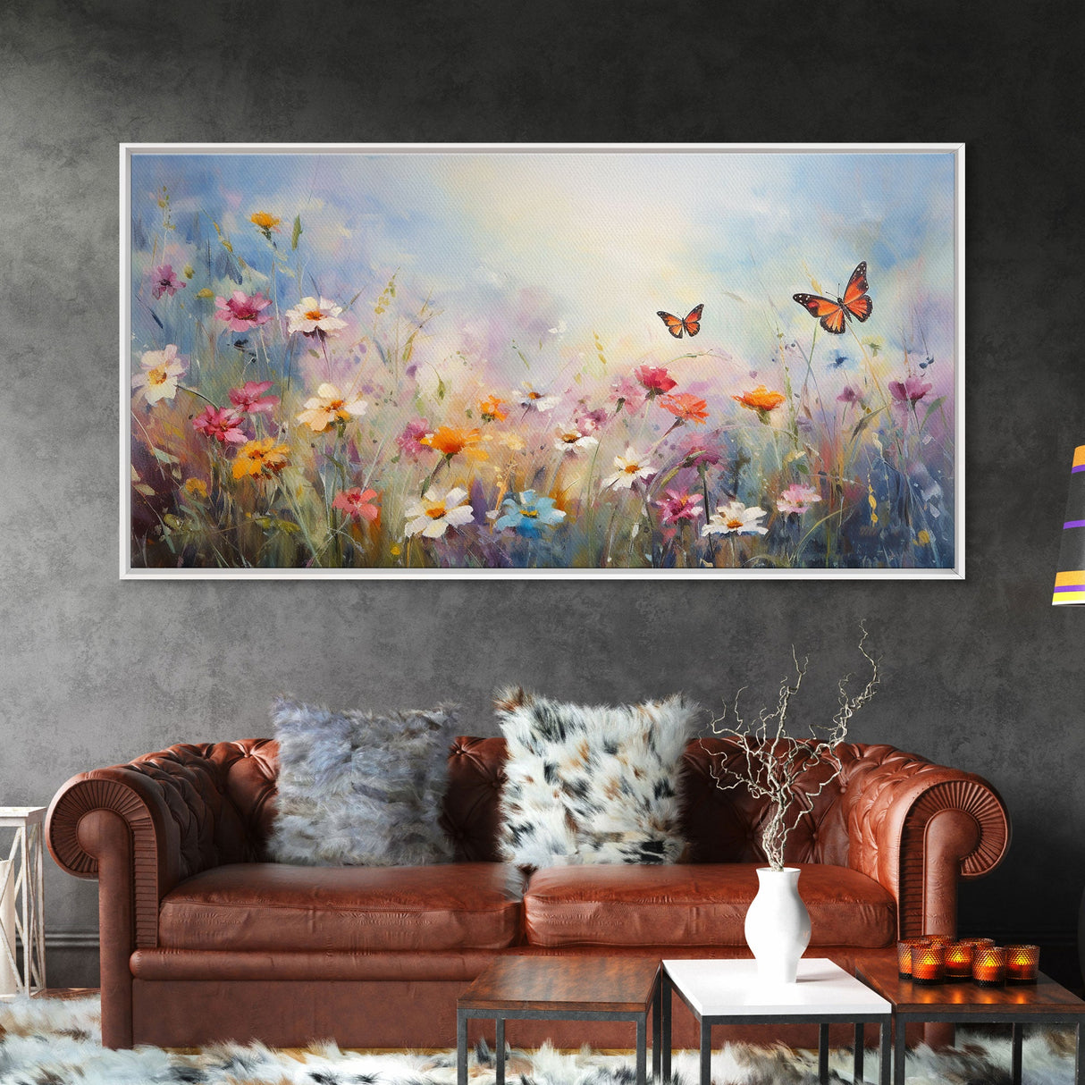 Butterflies Wall Art, Wildflower Meadow, Panoramic Art, Wall Art, Canvas Art, Landscape Art, Spring Meadow Print, Wife Gift, Boho Wall Art