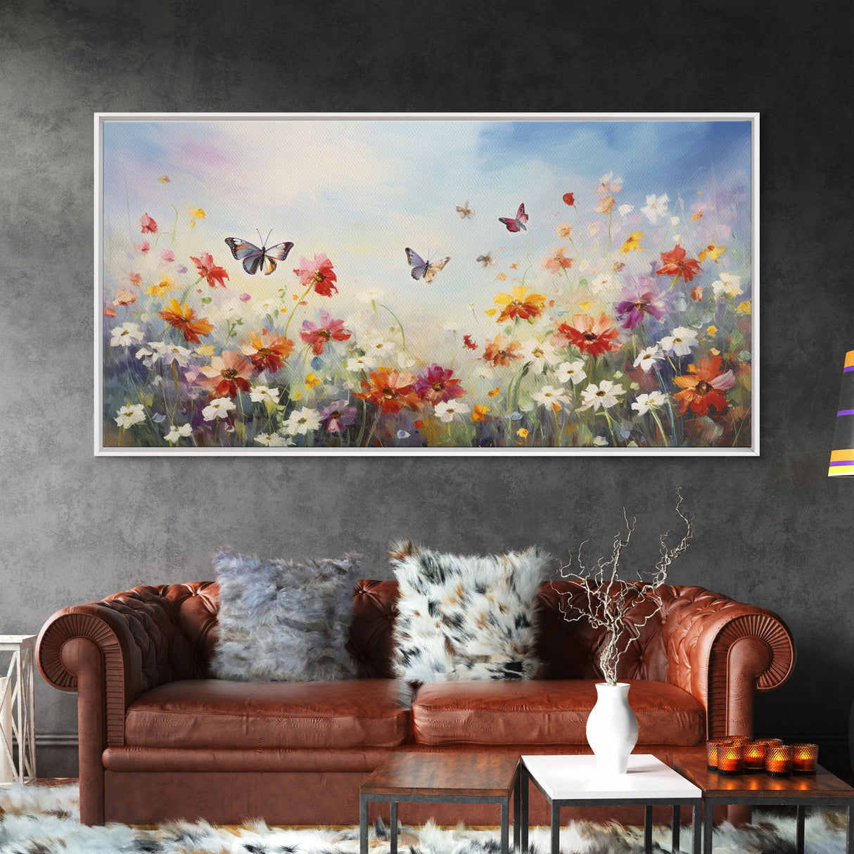 Spring Meadow Print, Butterflies Wall Art, Panoramic Art, Wall Art, Canvas Art, Landscape Art, Wildflower Meadow, Teacher Gift, Kitchen Art